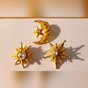 Vintage JJ Jonette Gold Tone Celestial Sun Moon & Star Brooches